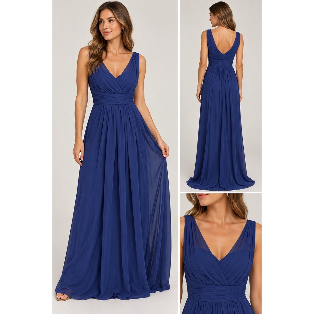 Bill Levkoff Maxi Gown Womens 0 Royal Blue Elegant Formal Chiffon Pleated V-Neck
